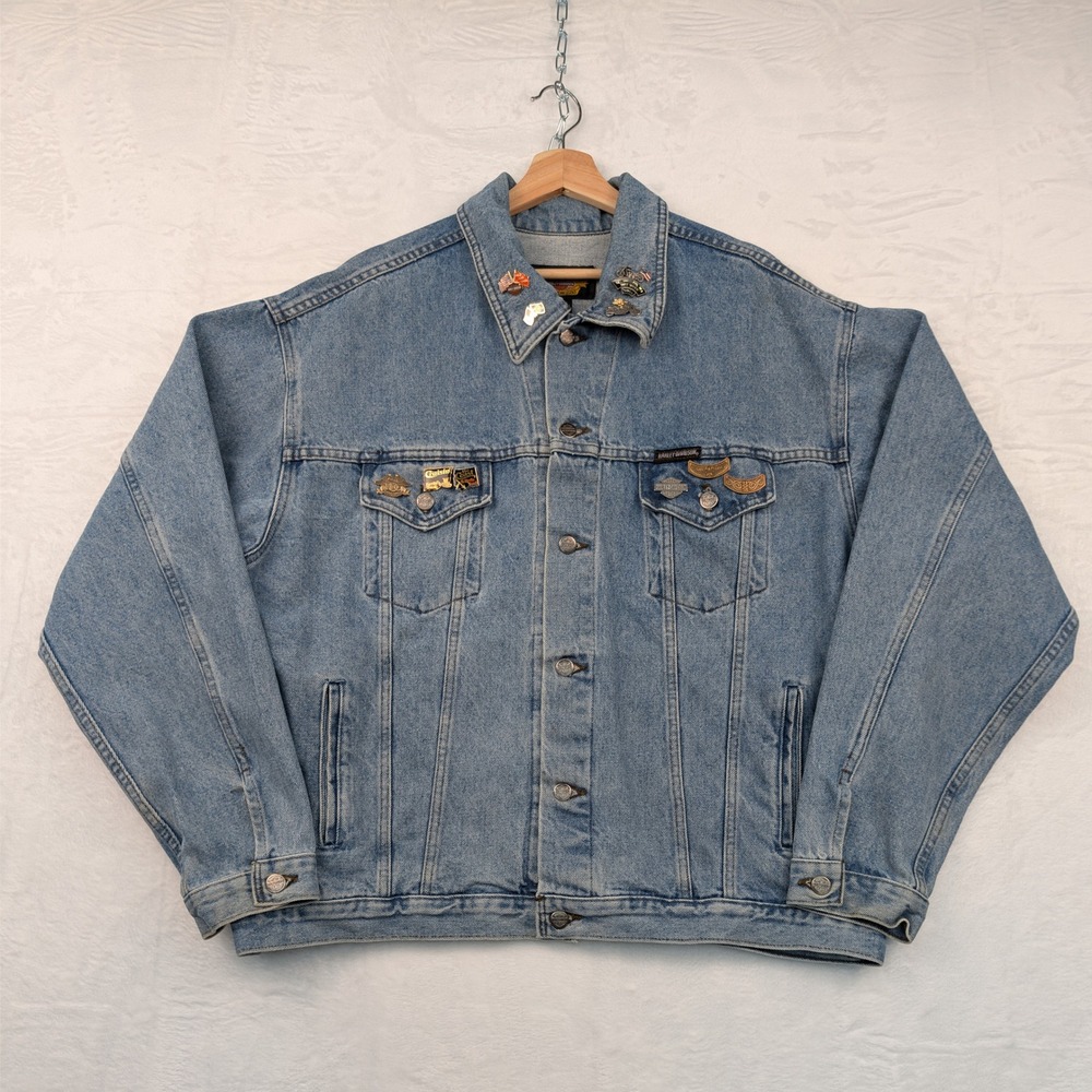 VTG Harley-Davidson Jacket Mens 2XL Blue Biker Core Motorcycle Denim Pins 90s